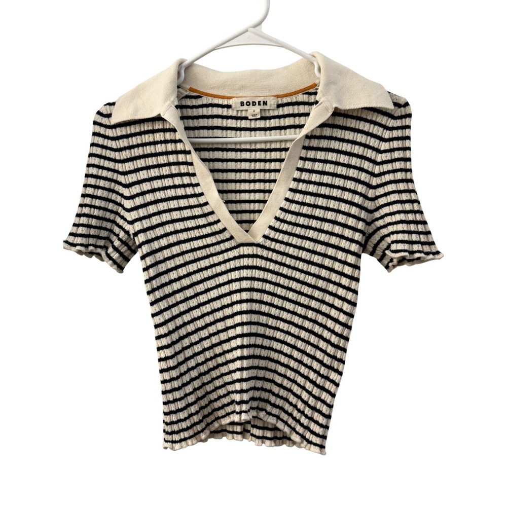 Boden Womens Ribbed Knit Striped Short Sleeve Polo Sweater Top Cream Navy Blue M